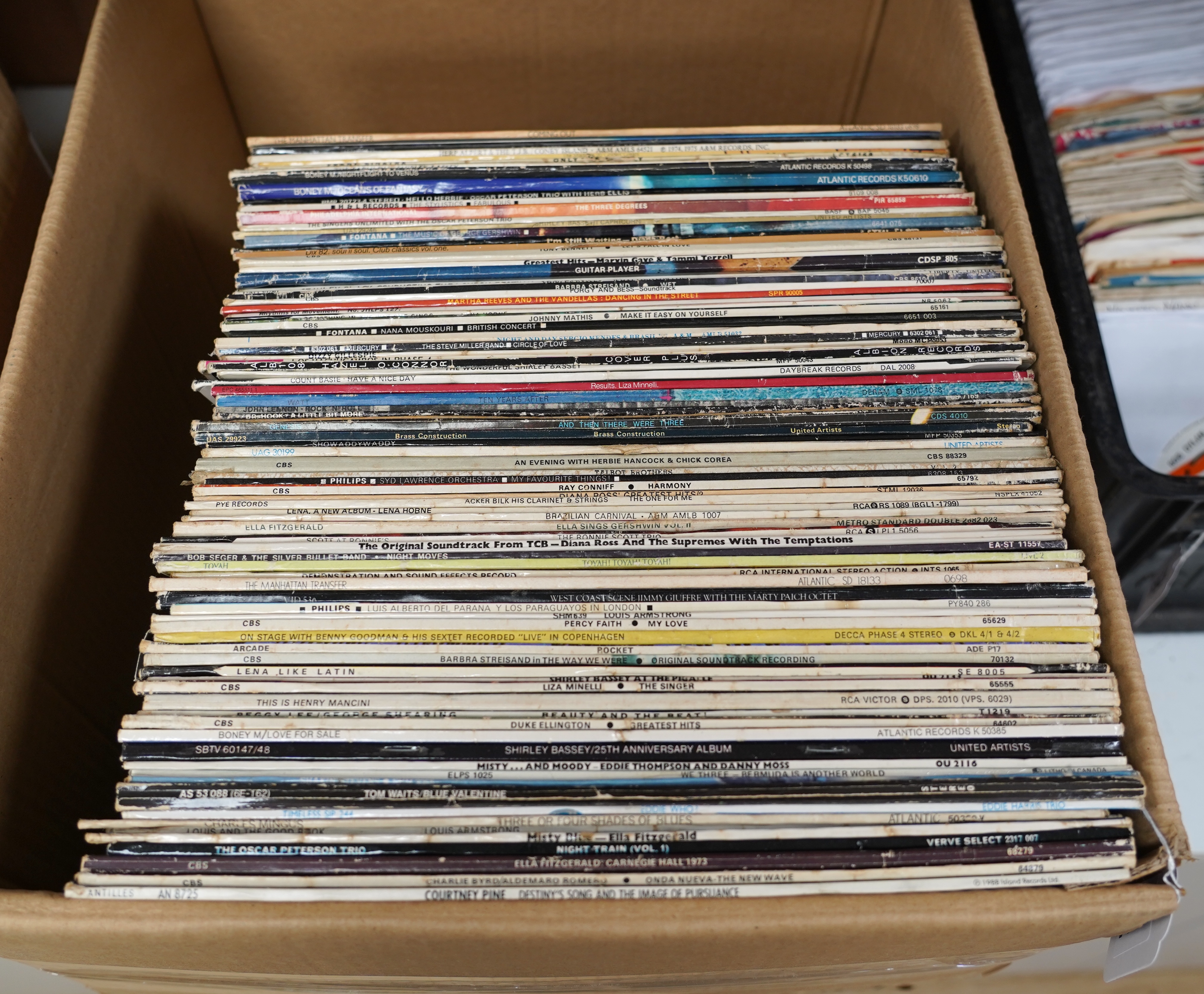 Eighty-two LP record albums including a number of jazz albums, artists include; Courtney Pine, Charlie Mingus, Shirley Bassey, the shadows, Boney M., Charlie Byrd, Oscar Peterson, Diana Ross, Ella Fitzgerald, Steve Mille